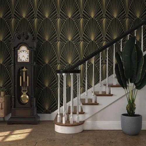 Miniatura 6 de Yasinet Papel tapiz geométrico para despegar y pegar, papel de pared negro y dorado para dormitorio, baño, papel de contacto geométrico Art Deco