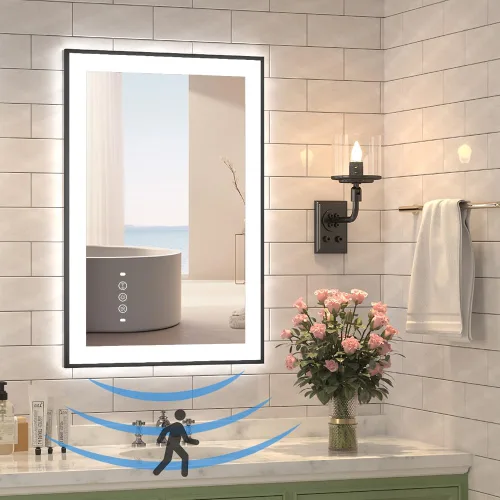 Espejo de baño LED de 20 x 28 pulgadas con luces, espejos iluminados delanteros y traseros para montaje en pared de baño, decoración de marco negro
