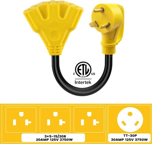 Miniatura 2 de Adaptador de 30 amperios a 20Amp 110V – Enchufe de distribución RV de 1.5 pies NEMA TT-30P macho a 3X 5-15/20R hembra RV cable adaptador