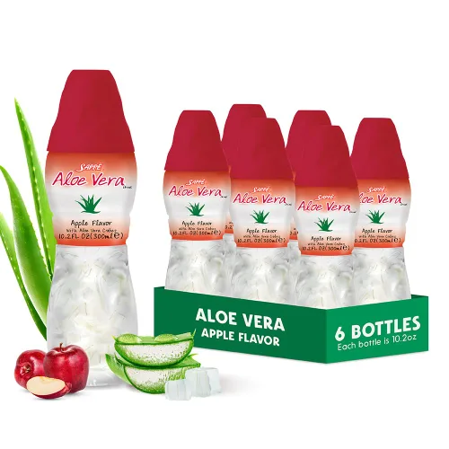 Jugo de aloe vera (con sabor a manzana) con trozos más grandes de pulpa pura de aloe (paquete de 6) Jugo a base de plantas, ideal para la