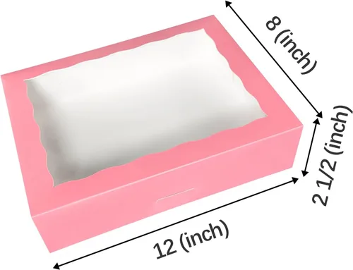 Miniatura 2 de Paquete de 15 cajas de pastelería rosa para panadería de 12 x 8 x 2.5 pulgadas, donas grandes, magdalenas, cajas de galletas con ventana de PVC