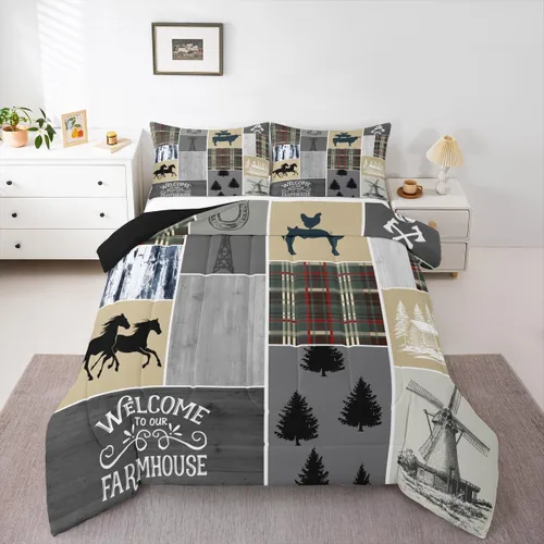 Miniatura 27 de Juego de edredón de oso y ciervo, tamaño individual, ropa de cama de animales salvajes de caza, colcha rústica de cabaña, casa de campo, cuadros