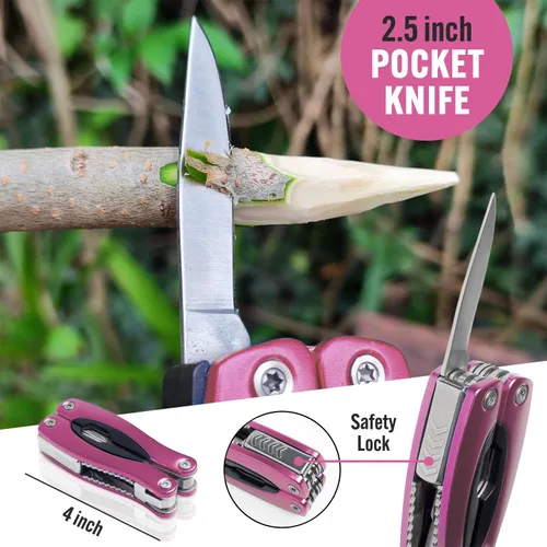 Miniatura 4 de Multiherramienta Rosa 15-en-1 para Mamá, Esposa, Hija, Abuela, Alicates de Multiherramienta EDC Práctica, Cuchillo de Bolsillo con Bloqueo