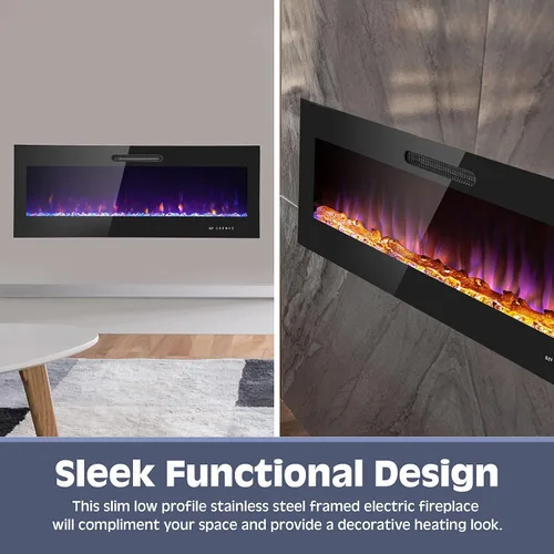 Miniatura 4 de Prominence Home Chimenea eléctrica de diseño delgado LED y chimenea montada en la pared con calentador de 1500 W, opciones de troncos y brasas