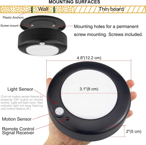 Miniatura 6 de Lámpara de techo a pilas, luz LED con sensor de movimiento con control remoto, luz de ducha inalámbrica, 10 luces de pasillo que cambian