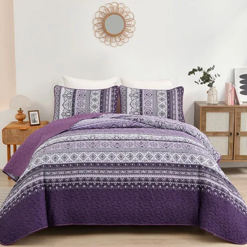 Miniatura 22 de WONGS BEDDING Juego de Colcha Morada Tamaño King, Juego de Colchas Bohemias a Rayas de 3 Piezas, Colcha Ligera de Microfibra para Todas las Púrpura