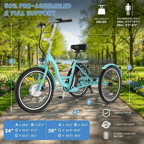 Miniatura 7 de MOONCOOL Triciclo Eléctrico para Adultos 350W/500W 36V/48V Batería Extraíble 20/24/26 Pulgadas 7 Velocidades 3 Ruedas Bicicletas Eléctricas