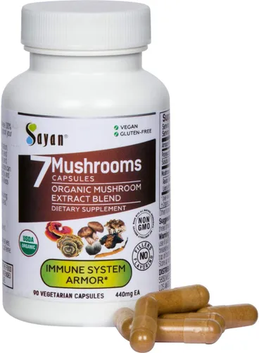 Sayan 7 Extracto de hongos 90 cápsulas/440 mg ea – Apoyo inmunológico y energía – Chaga orgánico, Reishi, melena de león, maitake, shiitake, mezcla
