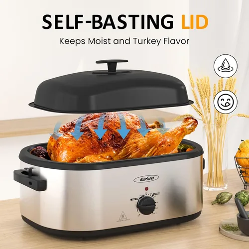 Miniatura 3 de Sunvivi Horno asador eléctrico de 24 cuartos de galón con tapa autohilvanado, 3 compartimentos y función de mantener el calor, control de Plateado