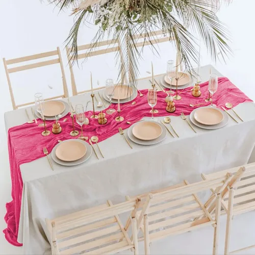 Miniatura 6 de MODFUNS Camino de mesa de gasa de color rosa intenso, camino de mesa de lino y algodón de 10 pies, color fucsia, para mesas de comedor, ropa