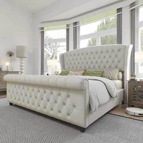 Miniatura 8 de AMERLIFE - Marco de cama tamaño King con plataforma, cama de estilo trineador tapizada en terciopelo con cabecero y pie de cama con alas onduladas