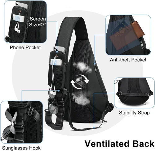 Miniatura 4 de TUDEQU Sling backpack, 8 Pockets Sling Bag Crossbody, 19L Large Sling Bag for Men Travel Crossbody Backpack Hiking Outdoor