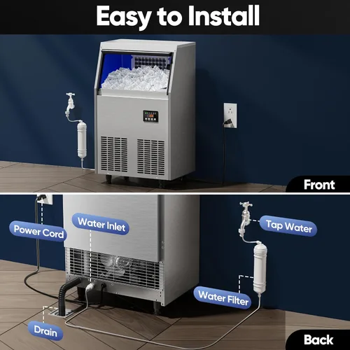 Miniatura 9 de Coolski - Máquina comercial para hacer hielo de acero inoxidable, 100 libras/24 horas, con capacidad de almacenamiento de hielo de 34 libras, debajo
