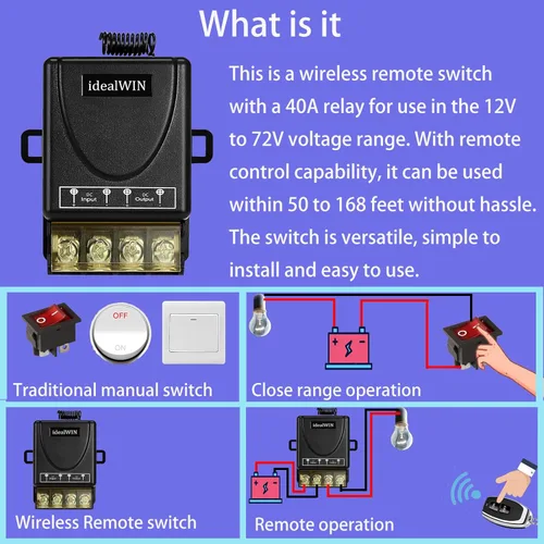 Miniatura 2 de Interruptor remoto inalámbrico con 328 pies de largo alcance, CC 12V/24V/48V/72V Clasificación de corriente 30A, interruptor de control remoto de 12