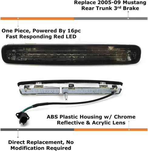 Miniatura 2 de iJDMTOY Reflector de Lente Ahumada LED Completa de Cromo Luz de Freno Tercera Compatible con Ford Mustang 2005-2009, Alimentada por 16 Emisores LED