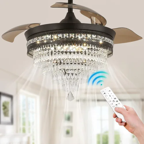 Candelabro negro de 42 pulgadas con luz LED moderno ventilador de techo de cristal con luz regulable, lámpara LED invisible 3 en 1 color con función
