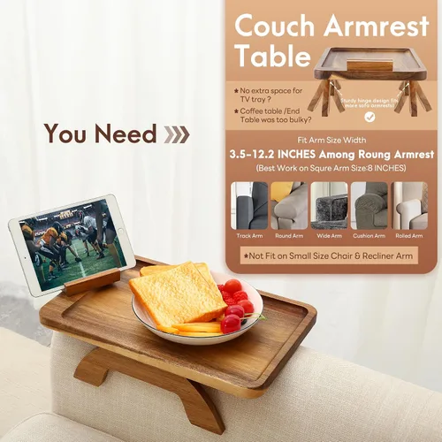 Miniatura 3 de SINWANT Mesa de Brazo para Sofá, Mesas de Reposabrazos de Sofá de Madera de Acacia, Mesa de Reposabrazos de Sofá con Soporte para Teléfono de 360°