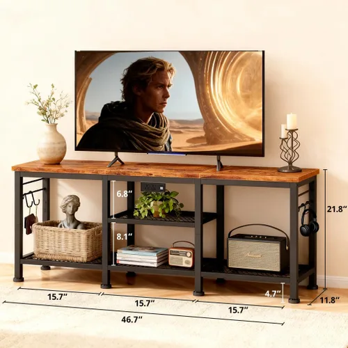 Miniatura 2 de LUCKLIFE Soporte de TV con estación de carga para televisores de hasta 55 pulgadas, centro de entretenimiento de madera rústica con estantes