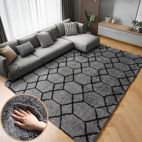 Miniatura 37 de ONASAR Alfombras de área para sala de estar y dormitorio, alfombra esponjosa lavable de 5x8 pies gris y blanca, alfombra de piso suave, afelpada
