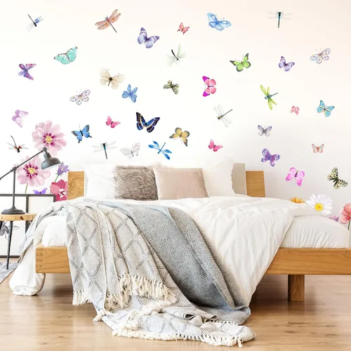 Miniatura 7 de 80 calcomanías de pared con diseño de flores, mariposas, crisantemos, libélulas, flores, despegar y pegar, arte removible de PVC para jardín