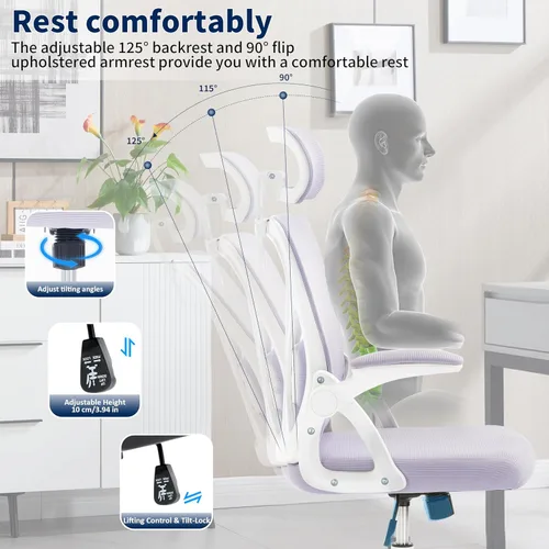 Miniatura 7 de Silla de Oficina, Silla de Escritorio Ergonómica con Soporte Lumbar Ajustable, Silla de Oficina Púrpura de 400 Libras Silla de Computadora de Malla