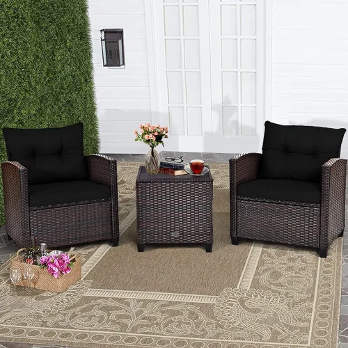 RELAX4LIFE Juego de muebles de patio de 3 piezas, juego de conversación de mimbre con 2 sillones acolchados y mesa con tapa de vidrio, juego de sofá