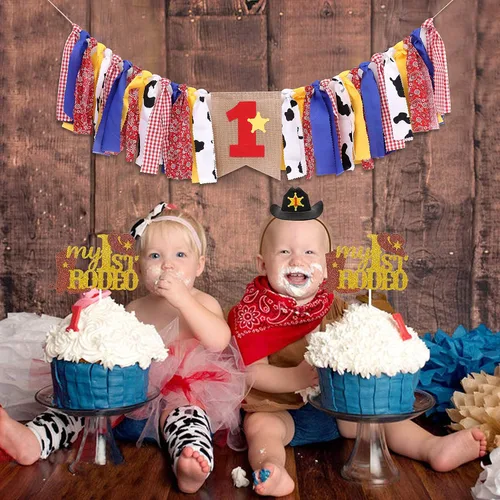 Miniatura 3 de Woody and Jessie - Cartel de primer cumpleaños para silla de bebé niño, decoraciones de fiesta occidental, pancarta de vaquero del oeste