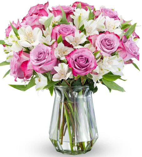 Miniatura 7 de Benchmark Bouquets - Rosas clásicas y alstroemeria (jarrón de cristal incluido) - Flores frescas para entrega al día siguiente - Regalo