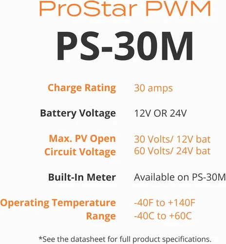 Miniatura 5 de Morningstar Prostar 30A PWM Controlador de carga solar con medidor (PS-30M) - Regulador de panel solar, soporta baterías de litio LA/12V/24V