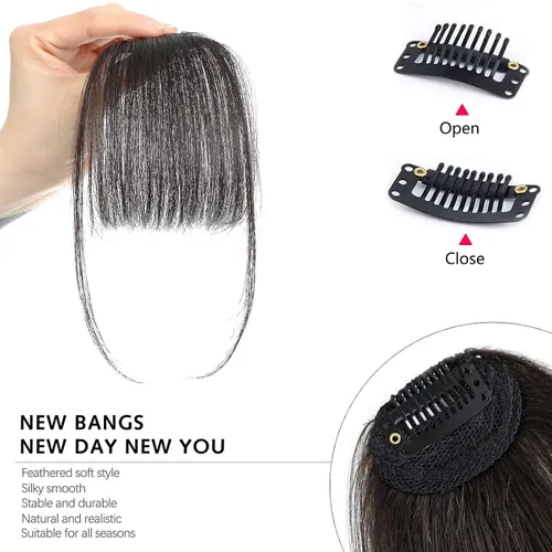 Miniatura 3 de YBYMCAI Flequillo con clip - Flequillo de pelo humano real, flequillo marrón negro, flequillo falso, flequillo de pelo humano, flequillo tenue