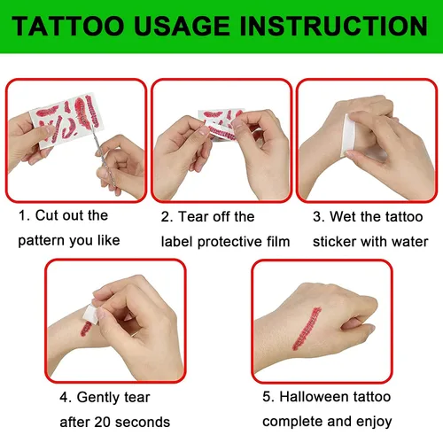 Miniatura 3 de Cara y cuerpo de terror realista de cicatriz falsa, impermeable, tatuajes temporales, calcomanías para Halloween, día del inocente, zombi, 8 hojas