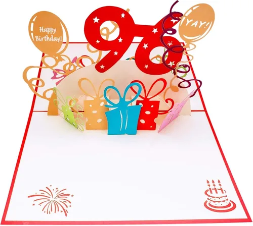 Miniatura 3 de iGifts And Cards Tarjeta desplegable 3D de cumpleaños 96, regalos coloridos y celebración de hitos de globos, saludo sincero para personas mayores