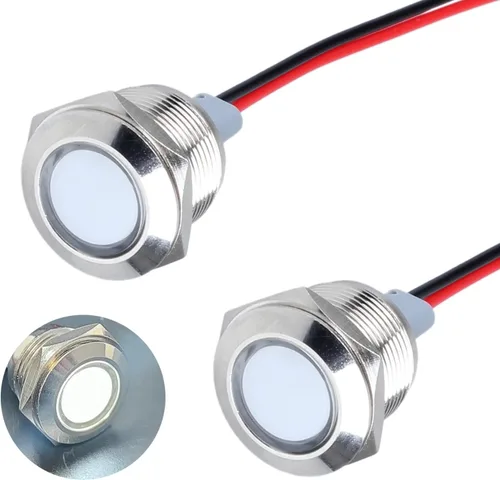 Miniatura 12 de 2 piezas de luz indicadora de metal de 16 mm, 110-220 V CA, 20 mA, impermeable IP67, lámpara piloto LED de cabeza plana con orificio de montaje