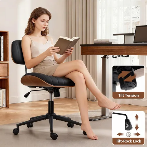 Miniatura 3 de Silla de oficina para el hogar Newnno con ruedas, silla de escritorio de altura ajustable de cuero giratoria, silla moderna sin brazos de nogal
