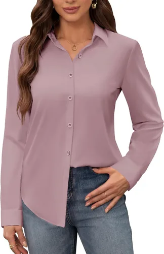 Miniatura 11 de Siliteelon - Camisas de vestir para mujer, a prueba de manchas, sin arrugas, de manga larga, sólidas, para trabajo y negocios, con botones