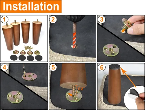Miniatura 3 de Patas de sofá de madera de repuesto para muebles de 8 pulgadas, patas de tocador de mediados de siglo con pernos de 5/16 pulgadas, juego de 4