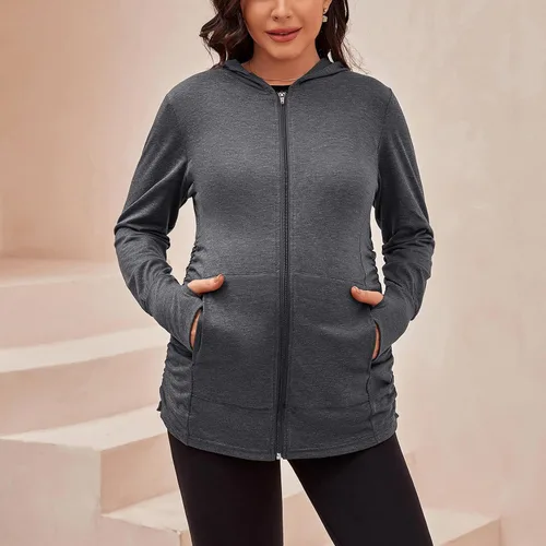 Miniatura 2 de DEBELLY Sudaderas de maternidad de manga larga con cremallera completa, casual, para embarazo, chaqueta con bolsillos, agujero para el pulgar