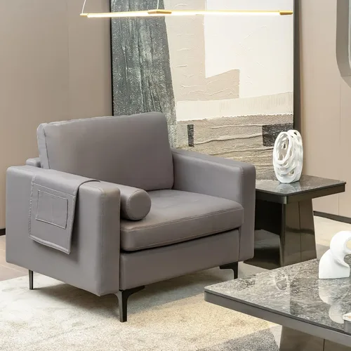 Miniatura 2 de Giantex Sofá individual, silla decorativa, sillón con cojín cómodo, bolsillos para revistas, sala de estar, silla de ocio tapizada para dormitorio