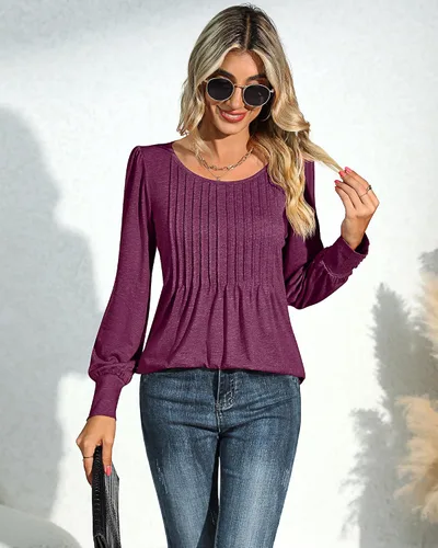 Miniatura 3 de Ficerd Blusa plisada de manga corta abombada para mujer, cuello redondo, elegante, casual, holgada, para primavera y verano