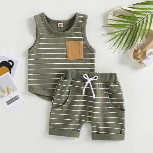 Miniatura 2 de Lucikamy Ropa de bebé niño sin mangas + pantalones cortos con estampado a rayas con bolsillos, 2 piezas de trajes de verano