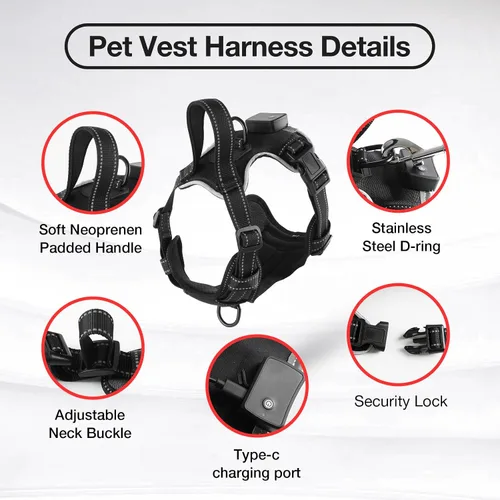 Miniatura 5 de MASBRILL Arnés para perro con luz LED, sin tirones, recargable y ajustable, para perros pequeños, medianos y grandes Negro-rojo