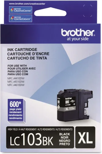 Cartucho de tinta negro de alto rendimiento Brother LC103BK, tinta negra de repuesto, rendimiento de páginas de hasta 600 páginas, cartucho de