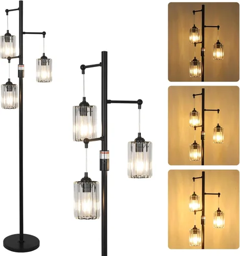 Miniatura 9 de Lámpara de pie moderna de cristal para sala de estar, lámpara de pie regulable de 3 luces, lámpara de árbol industrial plateada con pantalla