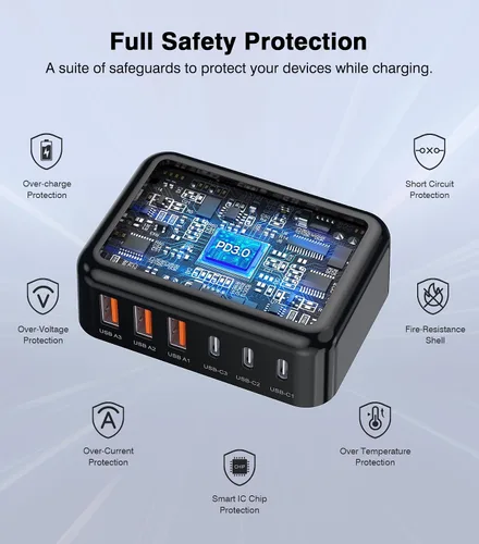 Miniatura 8 de Bloque de Carga Rápida, Cubo de Estación de Carga GaN de 6 Puertos USB C, Cargador de Pared de 100W de Tipo C de Múltiples Puertos con Enchufe