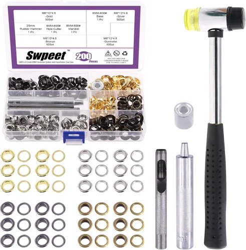 Miniatura 42 de Swpeet 204 piezas – 100 juegos de ojales de agujero de 1/2 pulgada (0.472 in) gruesos de 4 colores ojales de metal ojales y 3 piezas de herramienta