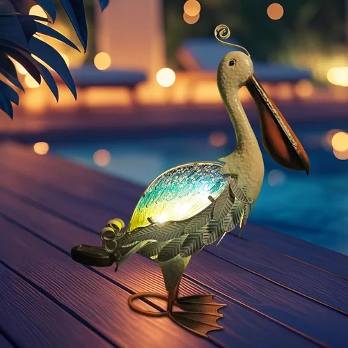 Miniatura 12 de HONGLAND Estatua de grúa de metal solar para jardín, escultura de garza de cristal al aire libre, decoración de pájaro costero del océano