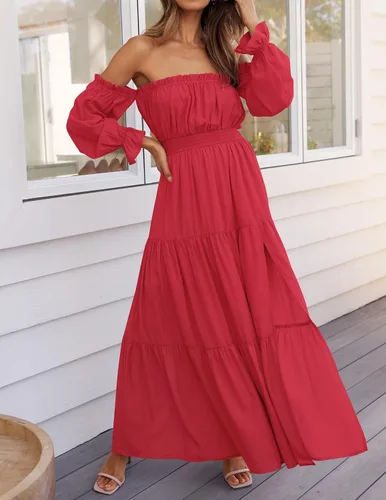 Miniatura 28 de ZESICA - Vestido largo, bohemio y sexy, con hombros descubiertos y manga larga fruncida, con elástico fruncido, cintura alta y abertura lateral