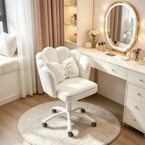 Miniatura 8 de Silla de escritorio Petal con cojín de lazo, silla de terciopelo con ruedas para tocador, silla tapizada para oficina en casa para niñas y mujeres