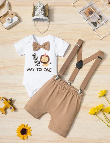 Miniatura 4 de DONWEN Conjunto de ropa de medio cumpleaños para bebé niño 12 Way to One con corbatín y tirantes cortos