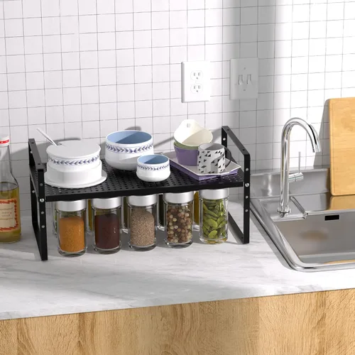 Miniatura 2 de Redrubbit Estante de almacenamiento ampliable para gabinete, altura ajustable, de metal de acero, organizador de encimeras de cocina, estante